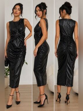 Express Body Contour Faux Leather Ruched Midi Dress Black Sleeveless Size M